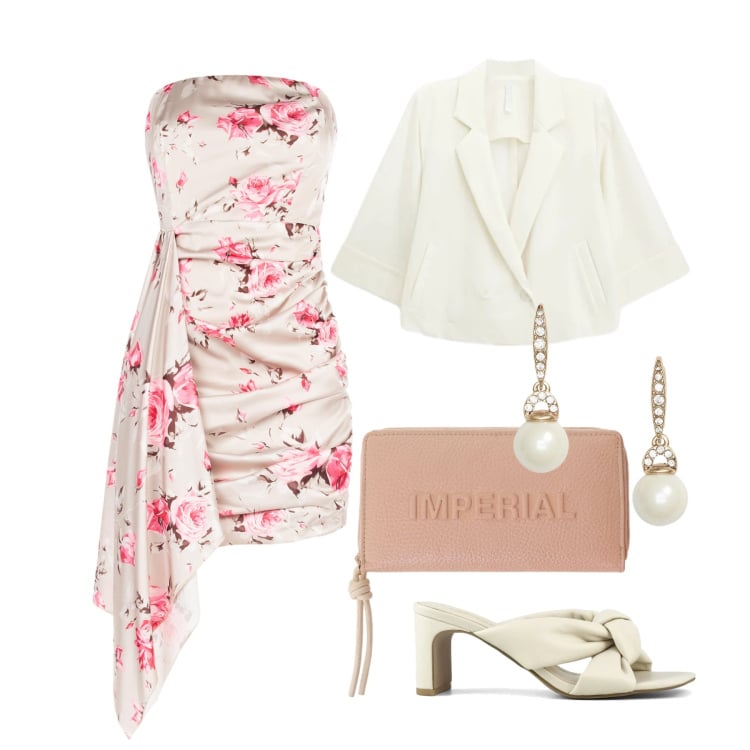 Outfit donna - Maggio. Stile Glamour per Cerimonia. Abbinamento con blazer, portafogli, vestiti corti, orecchini, sandali col tacco.