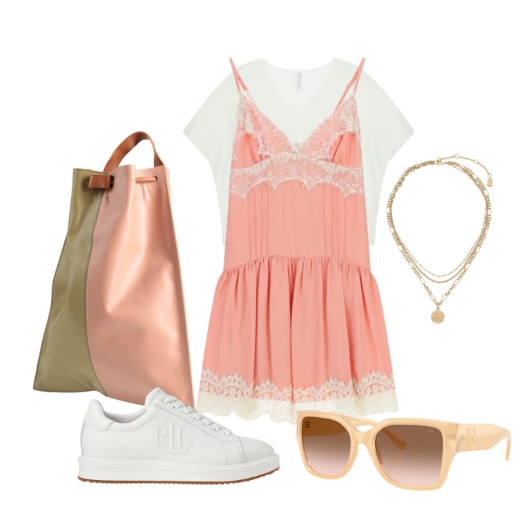 Outfit donna - Maggio. Stile Romantica per Tutti i giorni. Abbinamento con zaini, top, vestiti corti, ciondoli, sneakers, occhiali da sole.