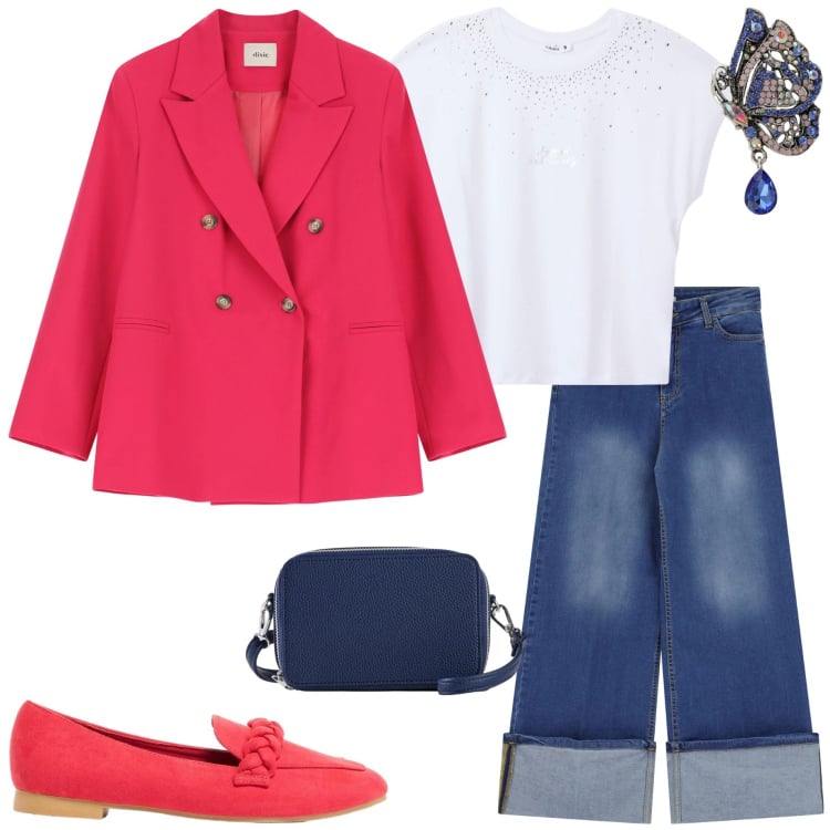 Outfit donna - Maggio. Stile Casual chic per Ufficio. Abbinamento con mocassini, borse a tracolla, t-shirt, blazer, jeans dritti, ciondoli.