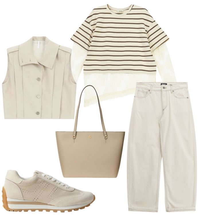 Outfit donna - Sporty chic. Stile Sporty chic per Scuola/Università. Abbinamento con gilet, pantaloni, top, borse tote, sneakers.