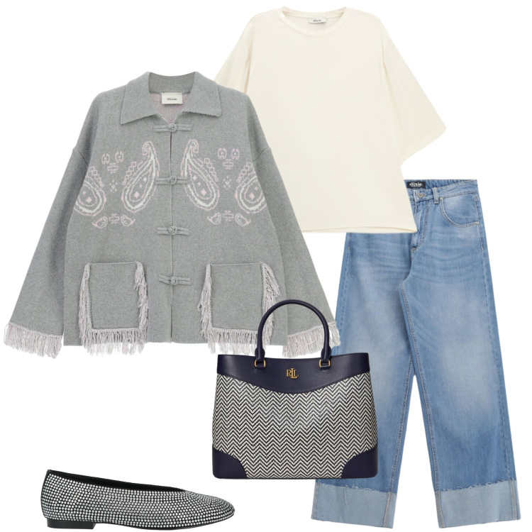 Outfit donna - Casual chic. Stile Casual chic per Ufficio. Abbinamento con ballerine, cardigans, t-shirt, jeans, borse a mano.