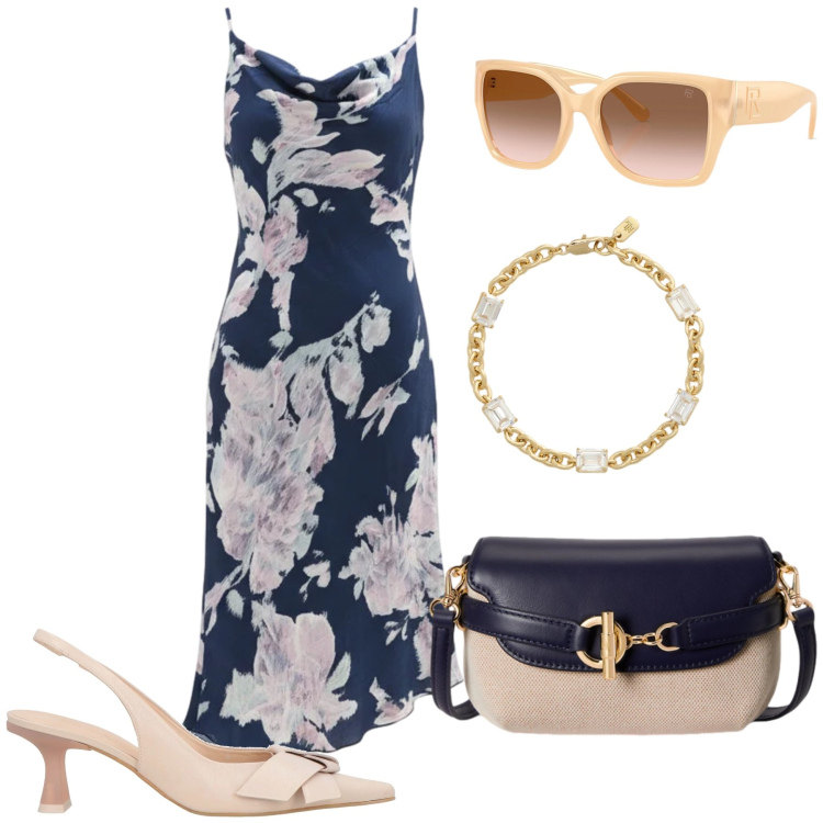 Outfit donna - Finishing Touch. Stile Glamour per Cerimonia. Abbinamento con décolleté, vestiti asimmetrici, occhiali da sole, borse a tracolla, braccialetti.
