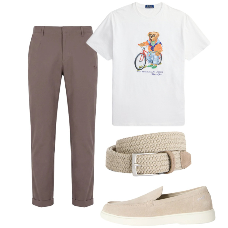 Outfit uomo - Morning. Stile Trendy per Tutti i giorni. Abbinamento con cinture, scarpe stringate, pantaloni, t-shirt.
