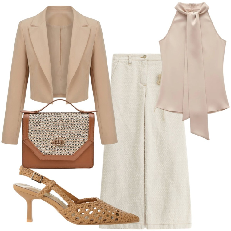 Outfit donna - Toni neutri per l aperitivo. Stile Chic per Serata fuori. Abbinamento con pantaloni a palazzo, décolleté, top, pochette, bolero.