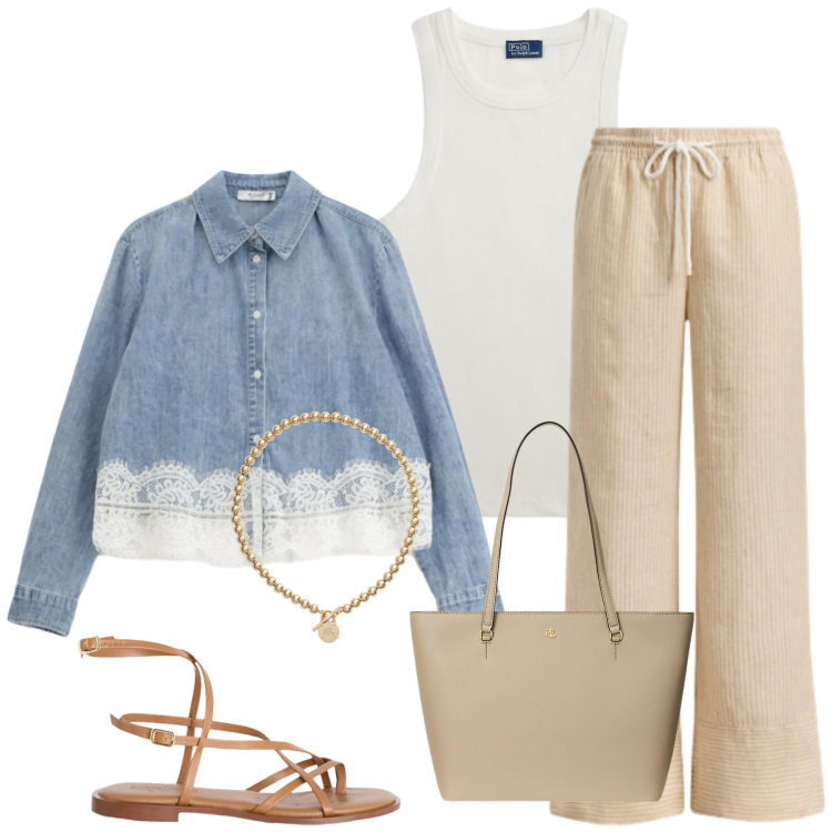 Outfit donna - Total look #2399697. Stile Casual chic per Tutti i giorni. Abbinamento con sandali in pelle, camicie, collane, borse tote, canottiere, pantaloni.