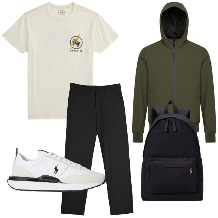 Outfit uomo - In montagna. Stile Casual per Tutti i giorni. Abbinamento con borse sportive, sneakers, t-shirt, pantaloni chino, giacche sportive.