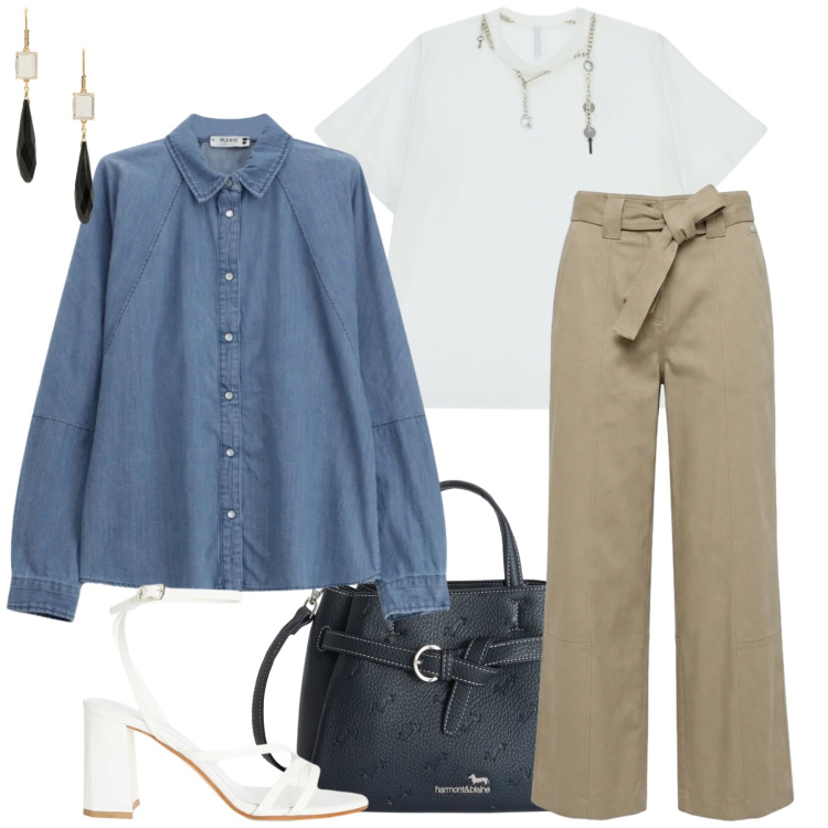 Outfit donna - Total look #2399699. Stile Glamour per Tutti i giorni. Abbinamento con pantaloni, borse a mano, sandali in pelle, camicie, t-shirt, orecchini.