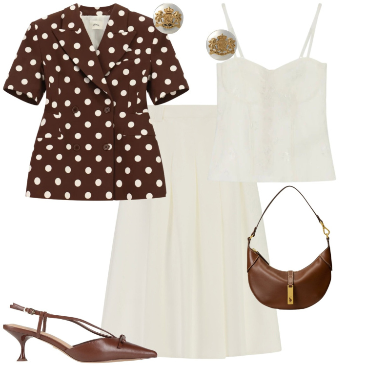 Outfit donna - Chic ufficio tempo libero. Stile Chic per Tutti i giorni. Abbinamento con décolleté, gonne longuette, top, blazer, orecchini, borse a spalla.