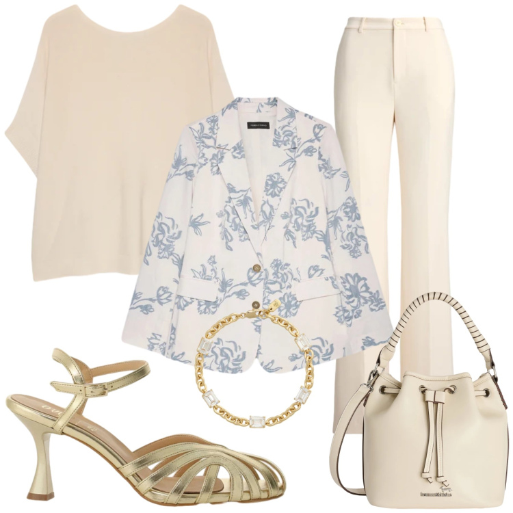 Outfit donna - Total look #2399701. Stile Glamour per Tutti i giorni. Abbinamento con borse a secchiello, sandali col tacco, blazer, t-shirt, pantaloni, braccialetti.