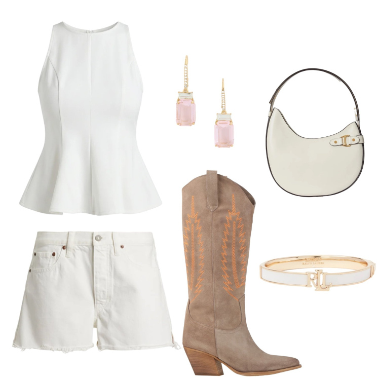Outfit donna - Total look #2399707. Stile Romantica per Serata fuori. Abbinamento con stivali, canottiere, borse a spalla, braccialetti, orecchini, shorts.