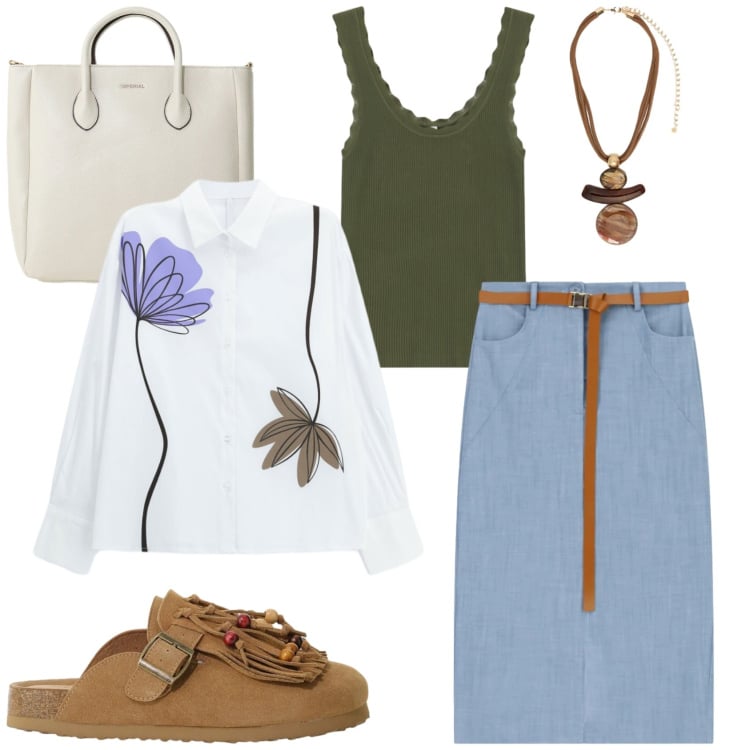 Outfit donna - Shopping in città. Stile Casual per Tutti i giorni. Abbinamento con borse a tracolla, camicie, gonne longuette, canottiere, sabot, ciondoli.