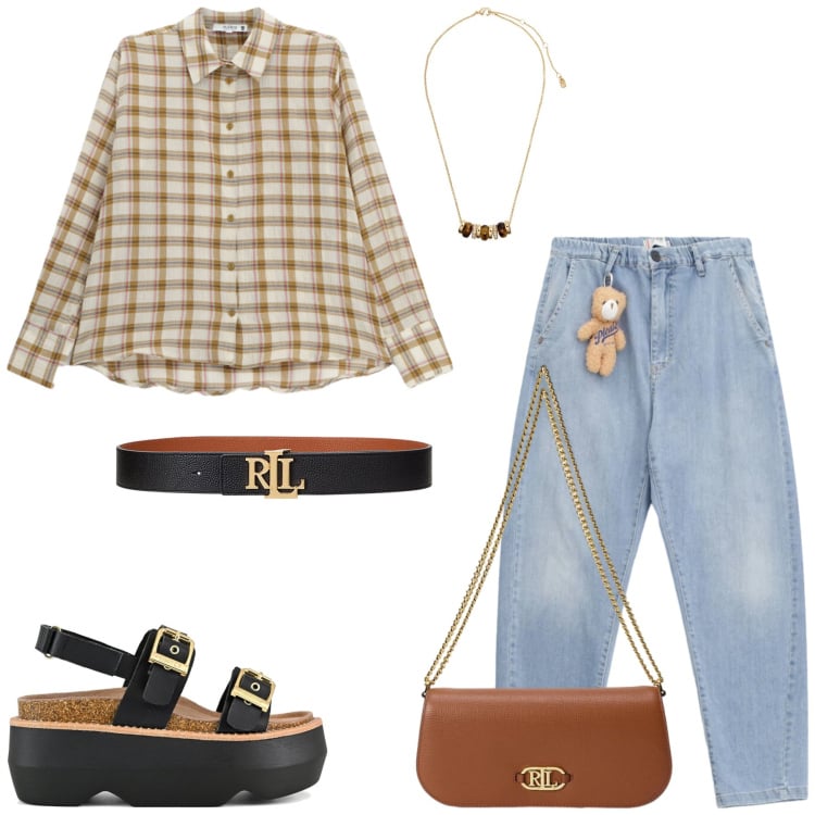 Outfit donna - Total look #2399712. Stile Casual chic per Tutti i giorni. Abbinamento con jeans, camicie, borse a spalla, cinture, collane, sandali col tacco.