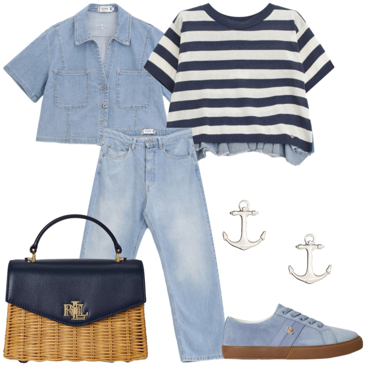 Outfit donna - Total look #2399713. Stile Casual chic per Tutti i giorni. Abbinamento con camicie a manica corta, jeans, t-shirt, borse a mano, orecchini, sneakers.