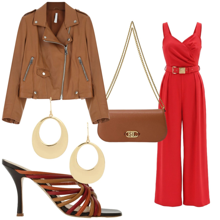 Outfit donna - Aperitivo in tuta. Stile Chic per Serata fuori. Abbinamento con giacche, tute, sandali, orecchini, borse a spalla.