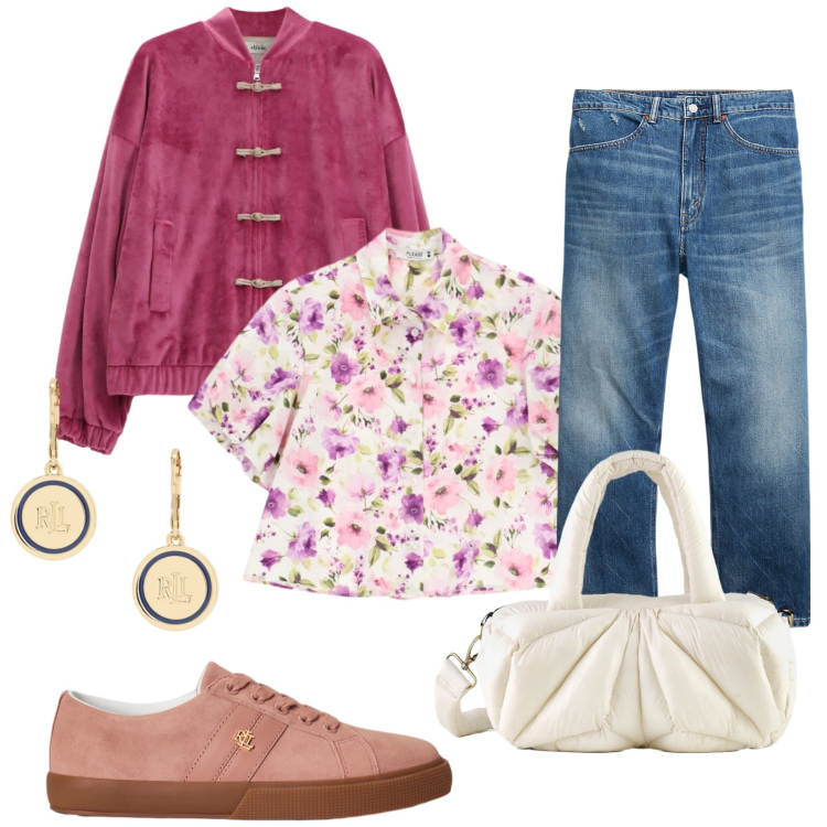 Outfit donna - Total look #2399717. Stile Glamour per Tutti i giorni. Abbinamento con camicie a manica corta, bomber, borse a mano, jeans, orecchini, sneakers.