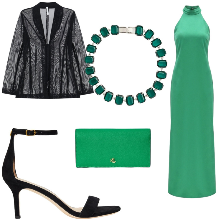 Outfit donna - Matrimonio in verde smeraldo. Stile Glamour per Cerimonia. Abbinamento con blazer, vestiti lunghi, portafogli, braccialetti, sandali in pelle.