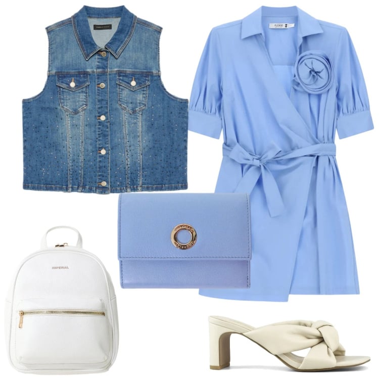 Outfit donna - Colazioni primaverili. Stile Casual chic per Tutti i giorni. Abbinamento con vestiti lunghi, zaini, portafogli, gilet, sandali col tacco.