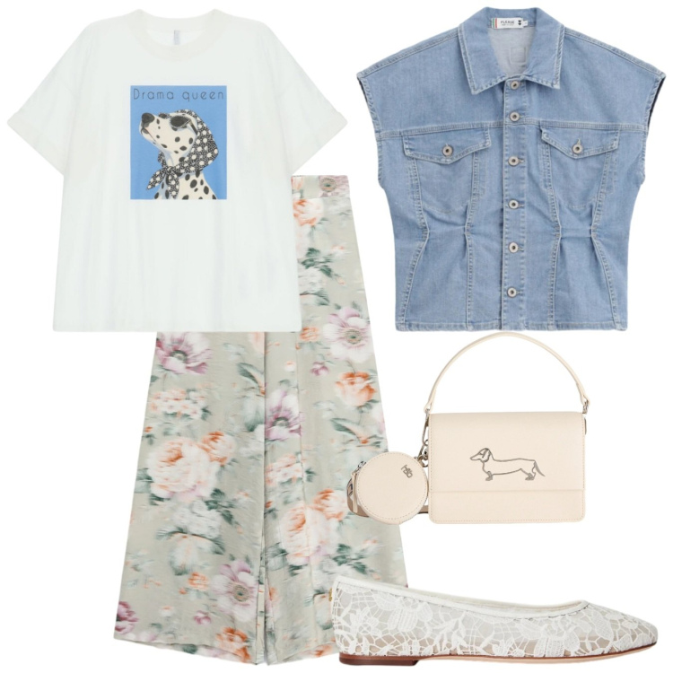 Outfit donna - Col mio cane. Stile Casual per Tutti i giorni. Abbinamento con borse a tracolla, gilet, t-shirt, pantaloni a palazzo, ballerine.