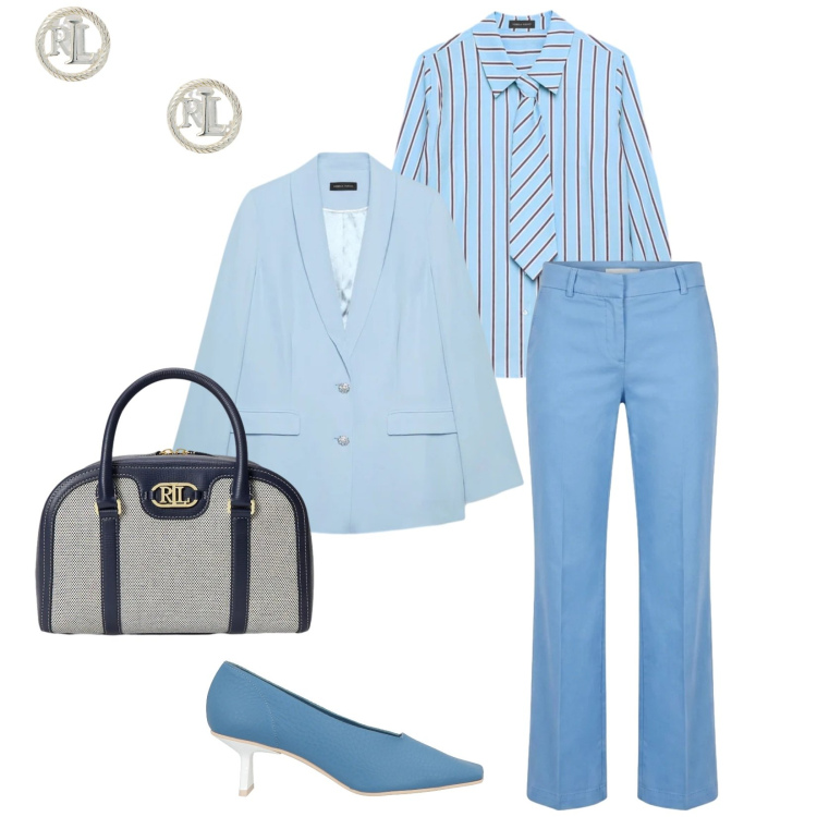 Outfit donna - In ufficio. Stile Chic per Ufficio. Abbinamento con décolleté, pantaloni, camicie, blazer, orecchini, borse a mano.