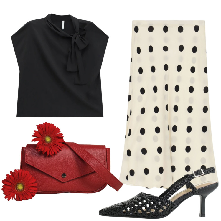 Outfit donna - Gonna a pois. Stile Chic per Serata fuori. Abbinamento con décolleté, canottiere, borse a tracolla, gonne longuette.