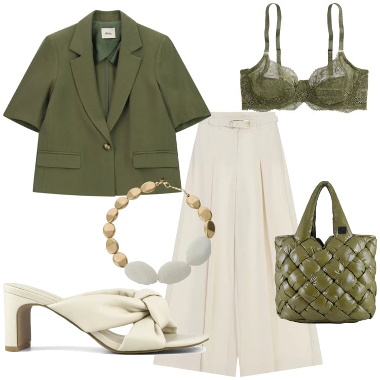 Outfit donna - uscita in centro. Stile Casual chic per Tutti i giorni. Abbinamento con pantaloni a palazzo, collane, blazer, borse tote, reggiseni, sandali col tacco.