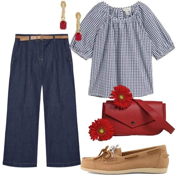 Outfit donna - Sixties. Stile Preppy per Tutti i giorni. Abbinamento con bluse, borse a tracolla, jeans, orecchini, mocassini.