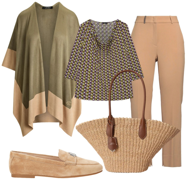 Outfit donna - Total look #2399736. Stile Trendy per Ufficio. Abbinamento con pantaloni, t-shirt, mocassini, borse tote, cappe.