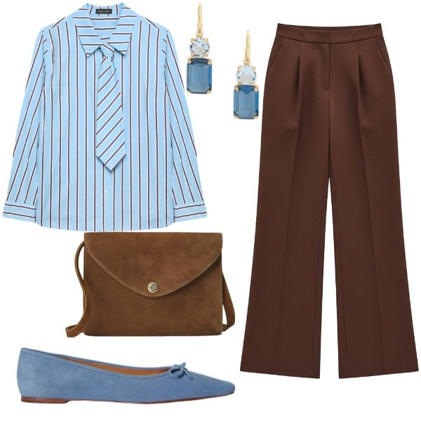 Outfit donna - Azzurro e marrone. Stile Preppy per Ufficio. Abbinamento con pantaloni a palazzo, camicie, borse a tracolla, ballerine, orecchini.