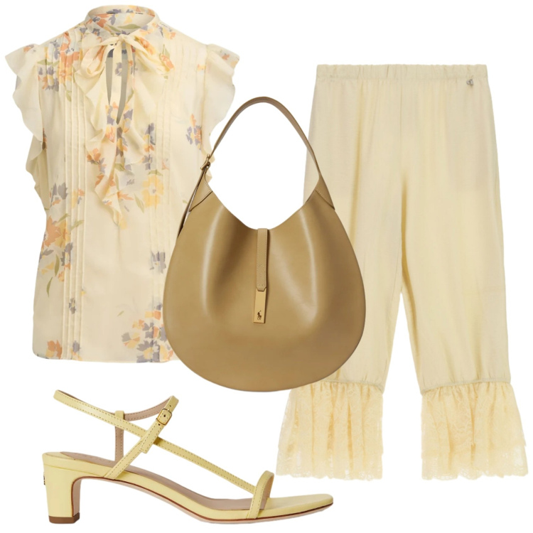 Outfit donna - Total look #2399740. Stile Romantica per Tutti i giorni. Abbinamento con pantaloni, borse a spalla, sandali in pelle, camicie a manica corta.