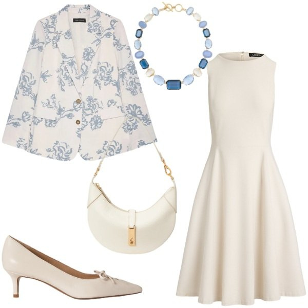 Outfit donna - Bianco e celeste. Stile Bon Ton per Ufficio. Abbinamento con blazer, décolleté, borse a spalla, collane, vestiti corti.