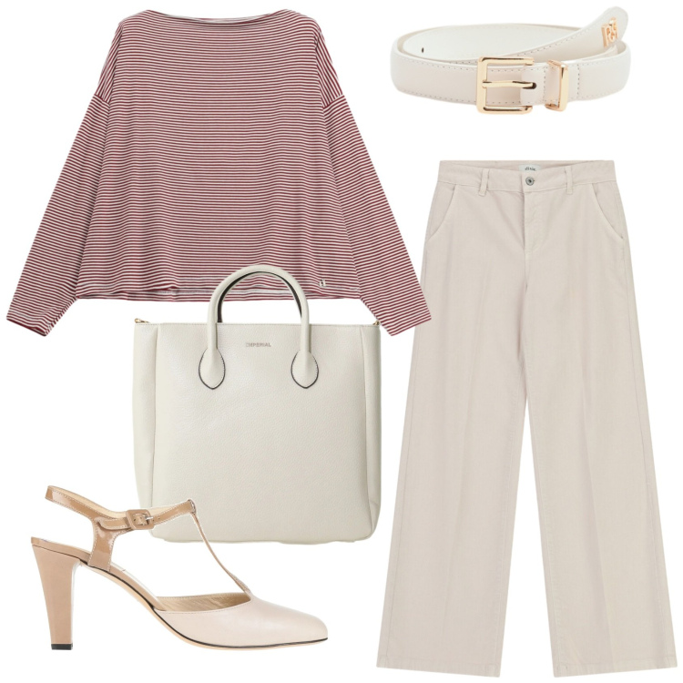 Outfit donna - Total look #2399743. Stile Basic per Ufficio. Abbinamento con décolleté, borse a tracolla, cinture, pantaloni a palazzo, t-shirt.