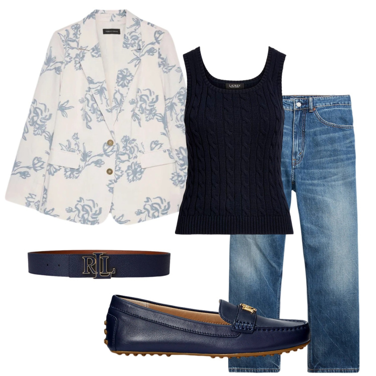 Outfit donna - Total look #2399745. Stile Casual per Tutti i giorni. Abbinamento con blazer, mocassini, maglieria, jeans, cinture.