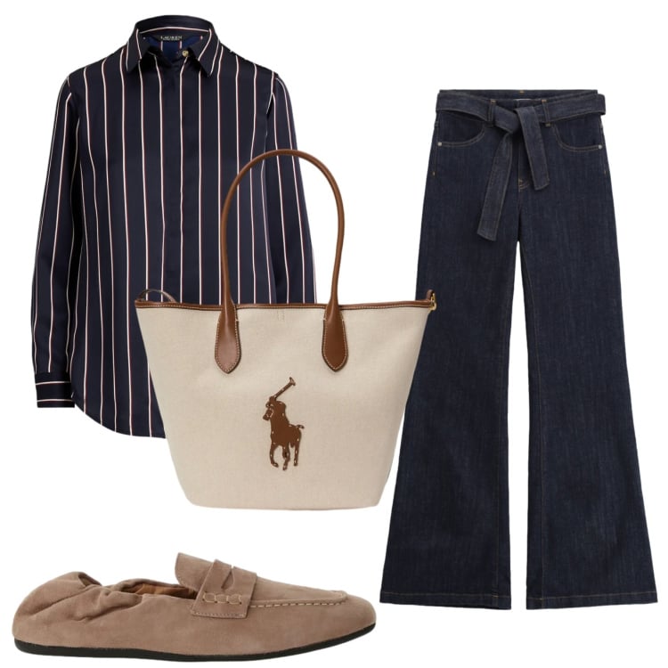 Outfit donna - Total look #2399747. Stile Casual chic per Ufficio. Abbinamento con jeans a zampa, mocassini, borse tote, camicie.