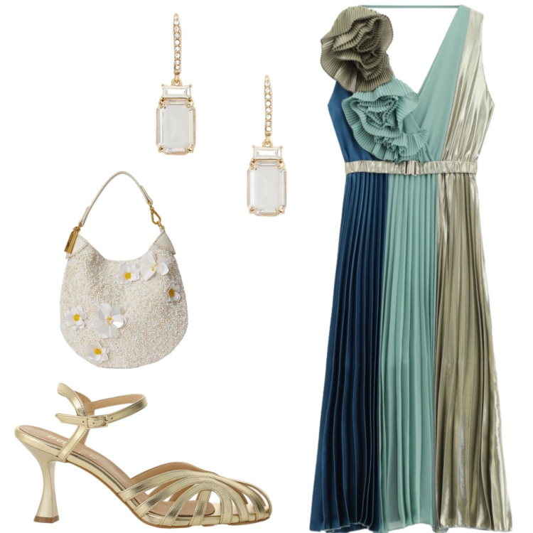 Outfit donna - Luminosa. Stile Glamour per Cerimonia. Abbinamento con sandali col tacco, vestiti asimmetrici, orecchini, pochette.