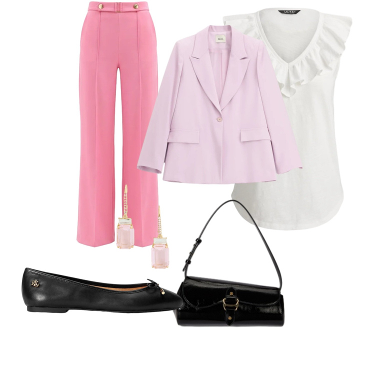 Outfit donna - Rosa. Stile Bon Ton Abbinamento con pantaloni a palazzo, blazer, ballerine, borse a spalla, top, orecchini.