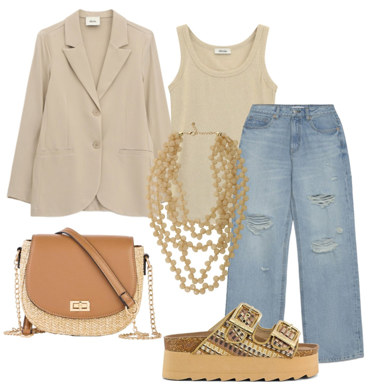 Outfit donna - Total look #2399754. Stile Urban per Ufficio. Abbinamento con borse a tracolla, jeans strappati, collane, blazer, top, sandali.