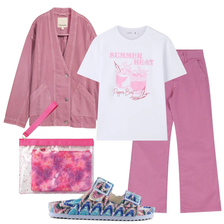 Outfit donna - Total look #2399756. Stile Urban per Ufficio. Abbinamento con blazer, t-shirt, pochette, jeans, sandali.