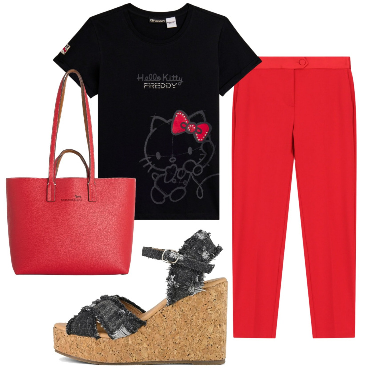 Outfit donna - Total look #2399757. Stile Casual per Scuola/Università. Abbinamento con shopping bag, pantaloni, t-shirt, zeppe.