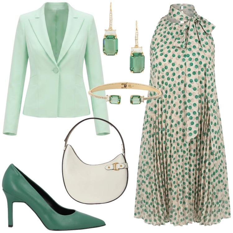 Outfit donna - Cerimonia in verde. Stile Glamour per Cerimonia. Abbinamento con décolleté, blazer, vestiti corti, orecchini, borse a spalla, braccialetti.