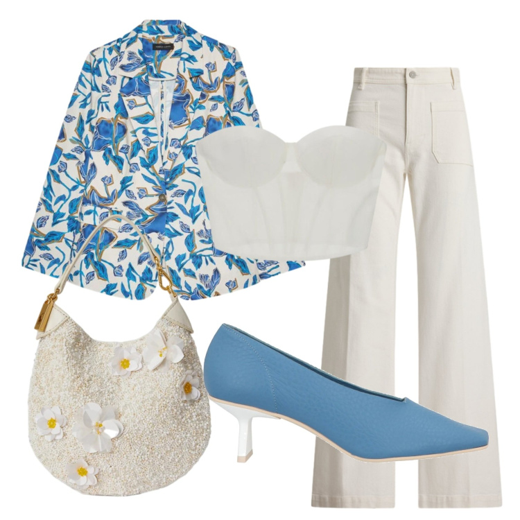 Outfit donna - Aperitivo post ufficio. Stile Glamour per Serata fuori. Abbinamento con décolleté, top, blazer, pochette, jeans.