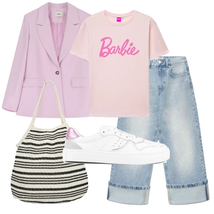 Outfit donna - Total look #2399761. Stile Urban per Ufficio. Abbinamento con shopping bag, t-shirt, jeans, blazer, sneakers.