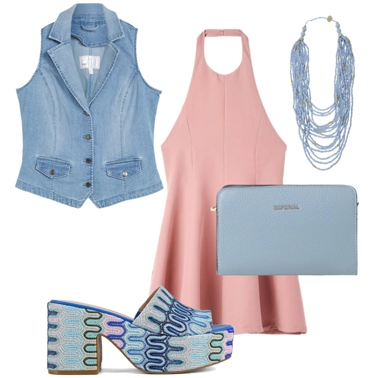 Outfit donna - Total look #2399765. Stile 70s per Serata fuori. Abbinamento con gilet, vestiti corti, borse a tracolla, collane, sabot.