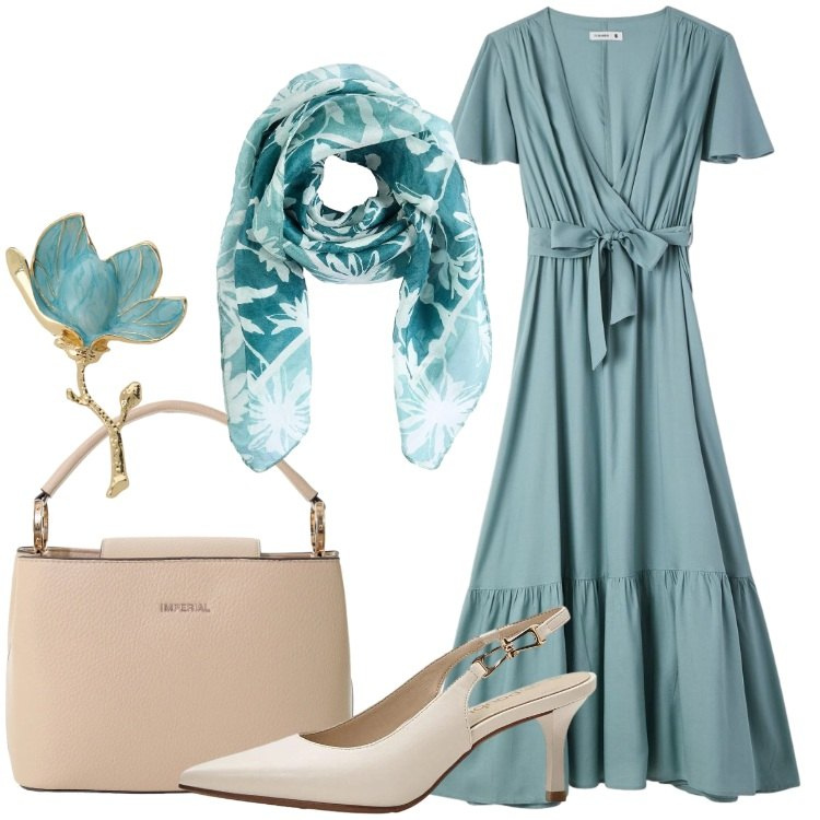 Outfit donna - A maggio con un foulard - @susystyle. Stile Romantica per Ufficio. Abbinamento con décolleté, foulard, vestiti lunghi, borse a secchiello, blazer.