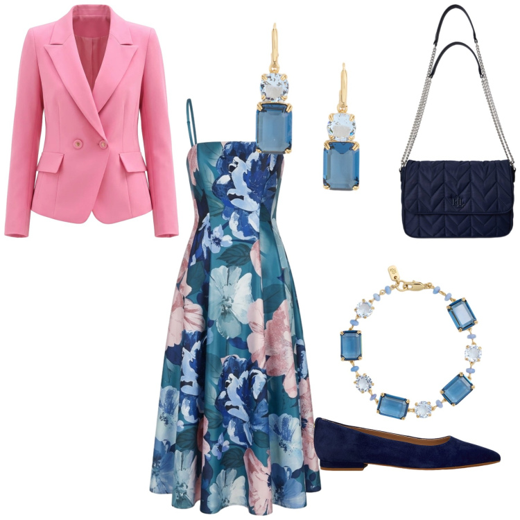 Outfit donna - Focus…blu. Stile Bon Ton Abbinamento con blazer, vestiti midi/longuette, ballerine, borse a tracolla, orecchini, braccialetti.
