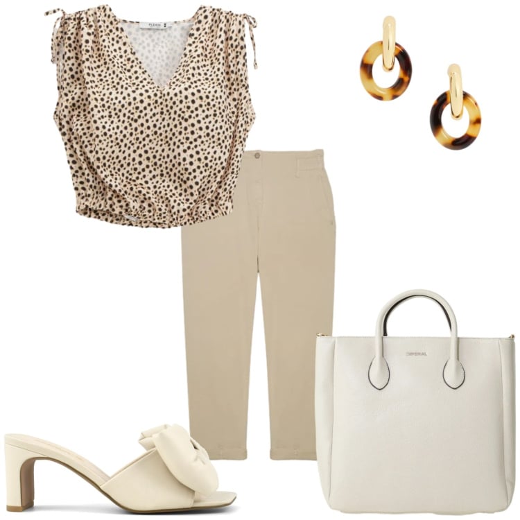 Outfit donna - Giorno di festa. Stile Glamour per Tutti i giorni. Abbinamento con top, borse a tracolla, pantaloni, orecchini, sandali col tacco.
