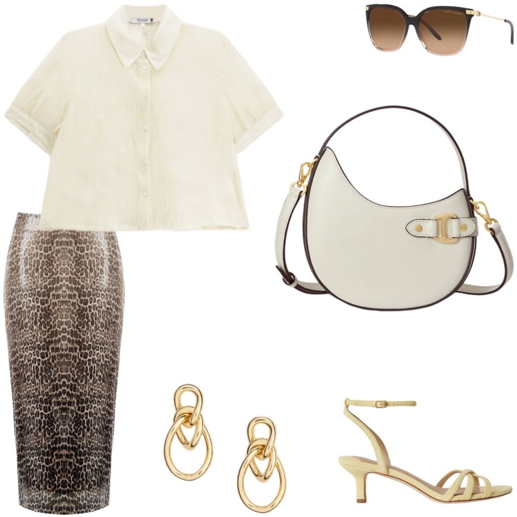 Outfit donna - Una gonna originale. Stile Chic per Serata fuori. Abbinamento con camicie a manica corta, gonne longuette, occhiali da sole, borse a tracolla, orecchini, sandali col tacco.
