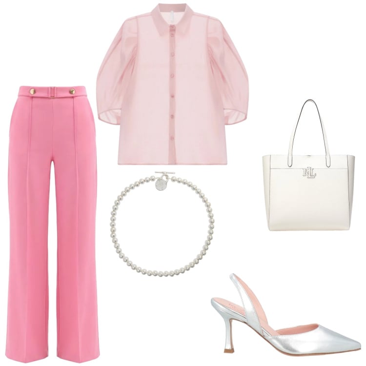 Outfit donna - Ti piace il rosa?. Stile Bon Ton Abbinamento con décolleté, camicie, pantaloni a palazzo, collane, borse tote.