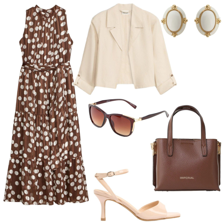 Outfit donna - Invito a pranzo. Stile Bon Ton per Tutti i giorni. Abbinamento con sandali col tacco, blazer, vestiti, occhiali da sole, borse a tracolla, orecchini.