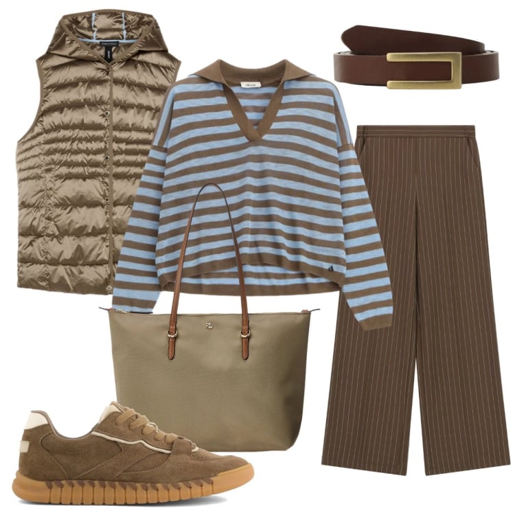 Outfit donna - Il maglione a righe. Stile Casual chic per Ufficio. Abbinamento con pantaloni a palazzo, maglieria, cinture, piumini, borse tote, sneakers.