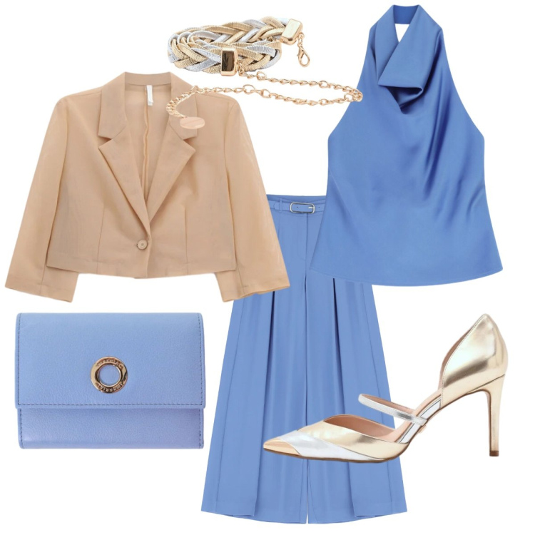 Outfit donna - Il completo elegantissimo. Stile Chic per Cerimonia. Abbinamento con top, pantaloni a palazzo, blazer, portafogli, cinture, décolleté.